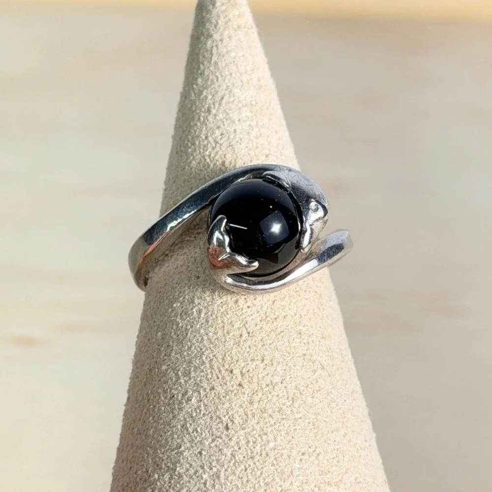 Sterling Silver Dolphin Ring Onyx Black Orb Bypass Minimalist 925 Statement